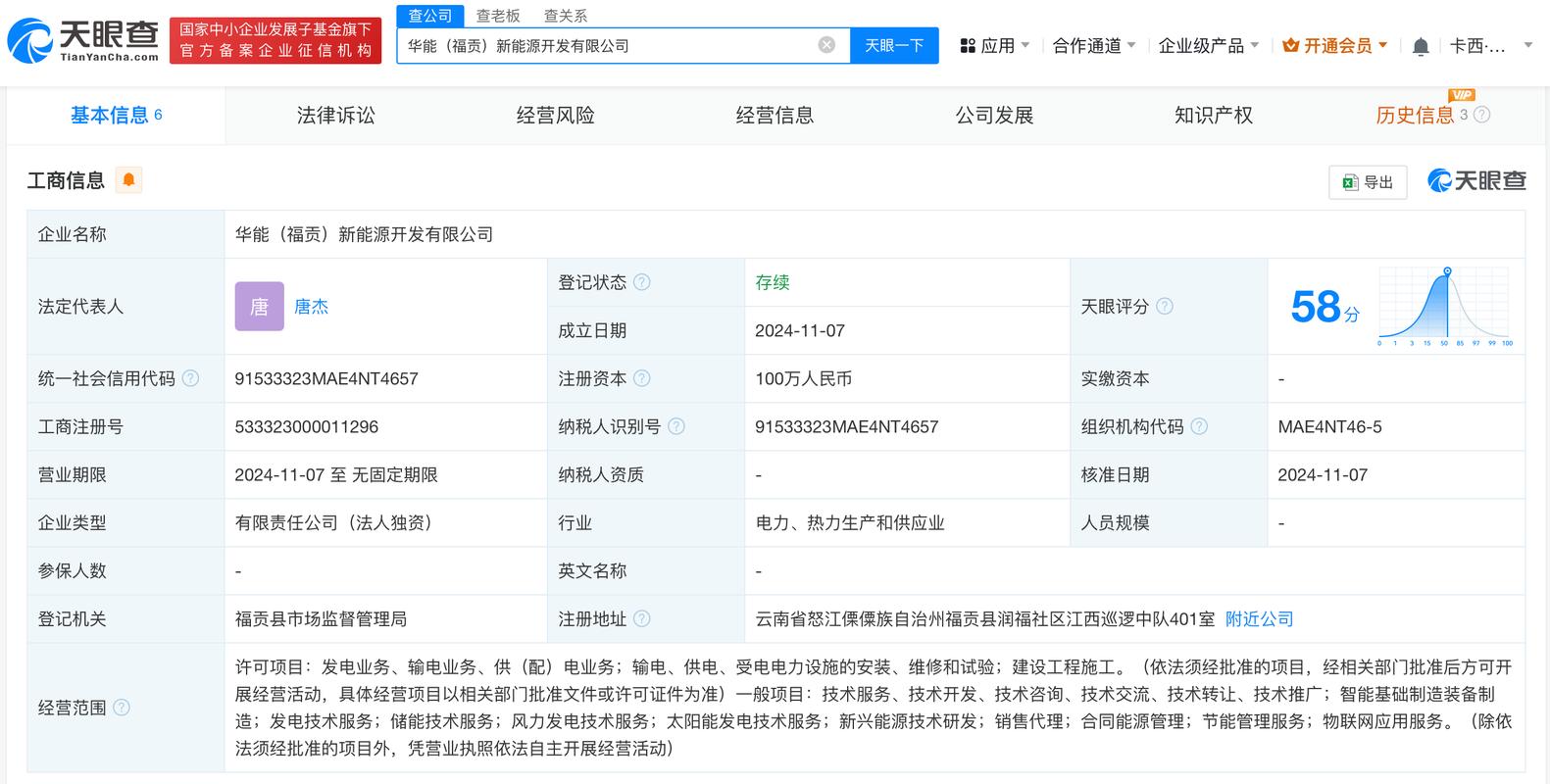 为唐杰,注册资本100万人民币,经营范围含发电业务,输电业务